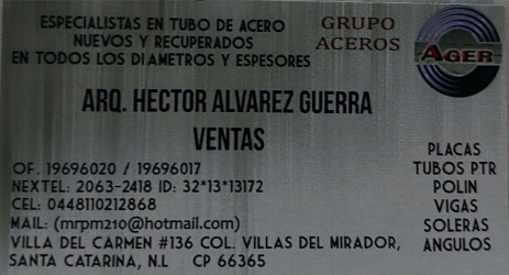Tarjeta original de Grupo Aceros AGER, Arq. Hector Alvarez Guerra, Ventas