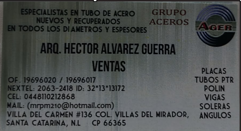 Tarjeta original de Grupo Aceros con datos de contacto, productos y logotipo AGER